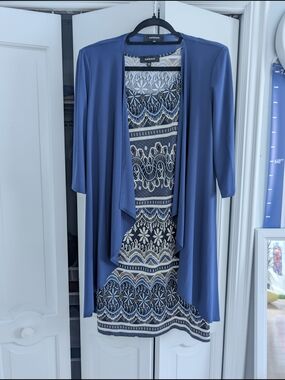R&M Richards Blue Printed Two-Piece Dress with Duster